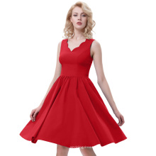 Belle Poque Ärmellos V-Ausschnitt High Stretchy A-Line Vintage Red Frauen einteilige Casual Kleider BP000269-3